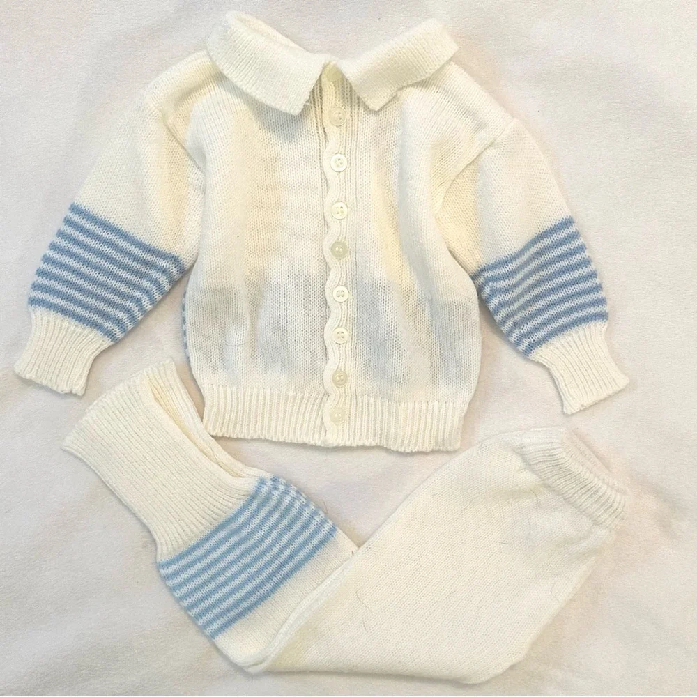 Vintage Baby Boys Popsicle Sweater Top & Pants Set 12M 2Pc Ivory Blue Bow tie